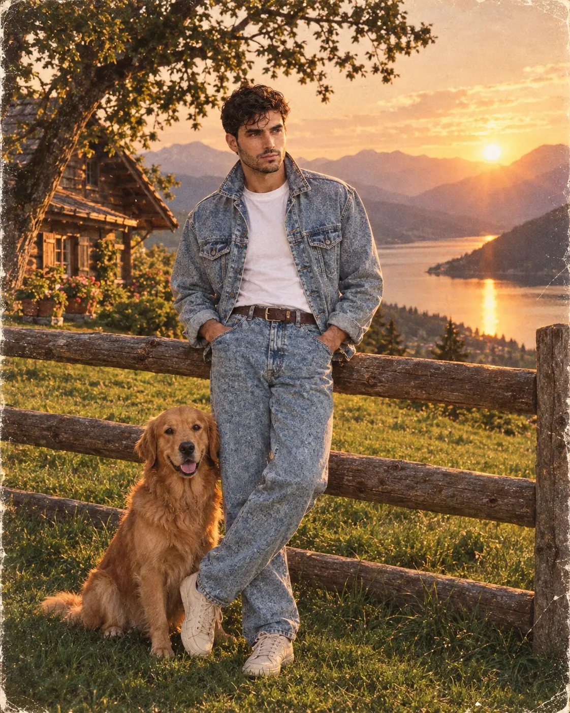 1980s Vintage Mountain Lake Portrait with Golden Retriever