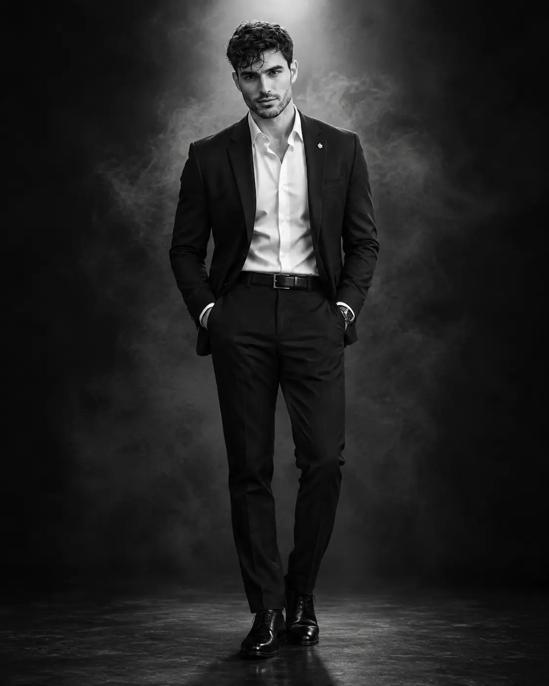 Black and White Cinematic Pantsuit Spotlight Portrait