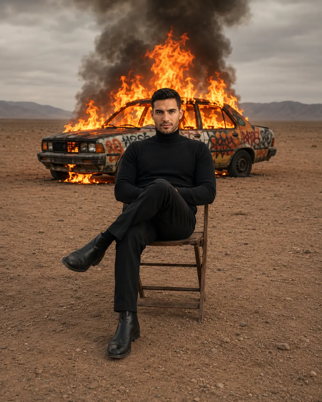 Burning Car Desert Portrait — Defiant Attitude
