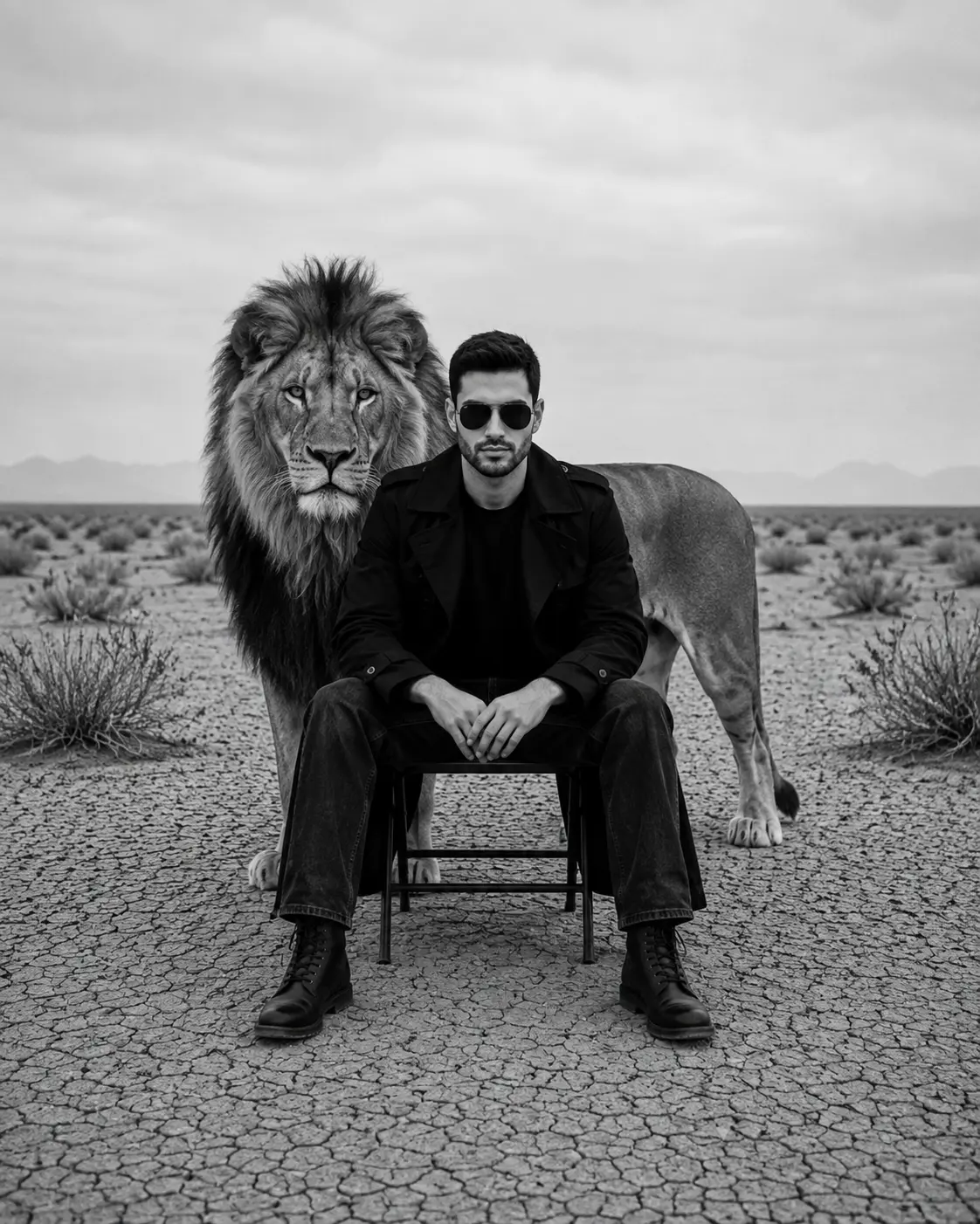 Desert Editorial Portrait with Lion Companion