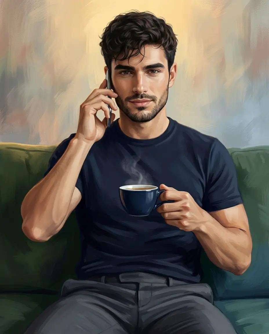 Digital Painting Portrait with Teacup and Phone Call on a Green Sofa