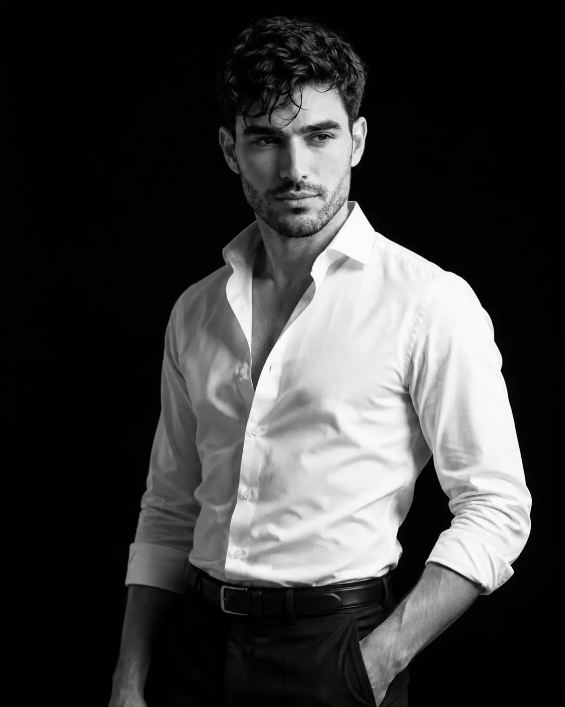Dramatic Black-and-White Studio Portrait