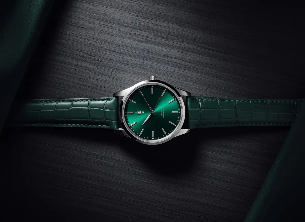Emerald Luxury Watch Flat Lay