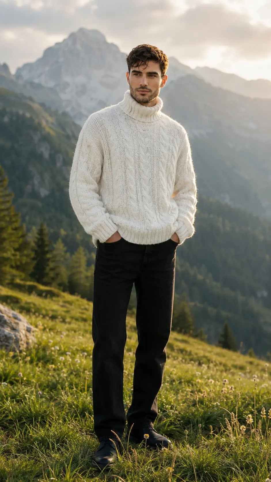 Golden Hour Cable-Knit Sweater Mountain Campaign
