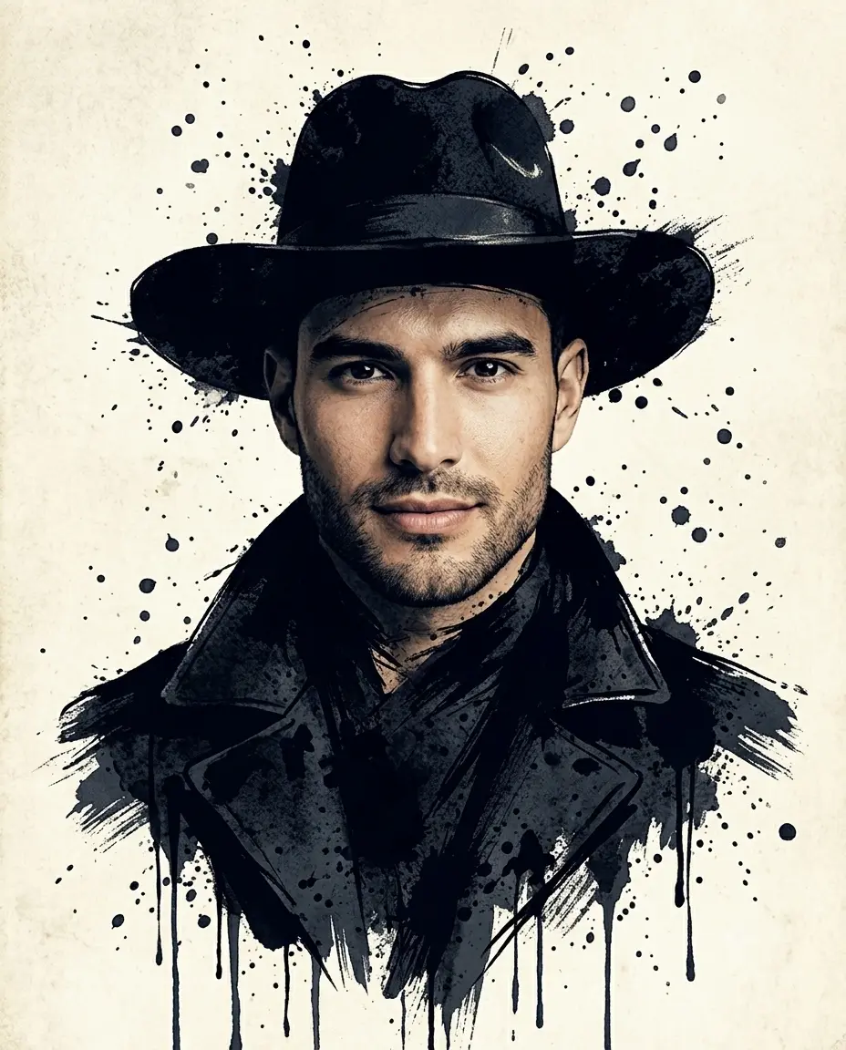 Ink-Splatter Style Portrait with Hat & Coat