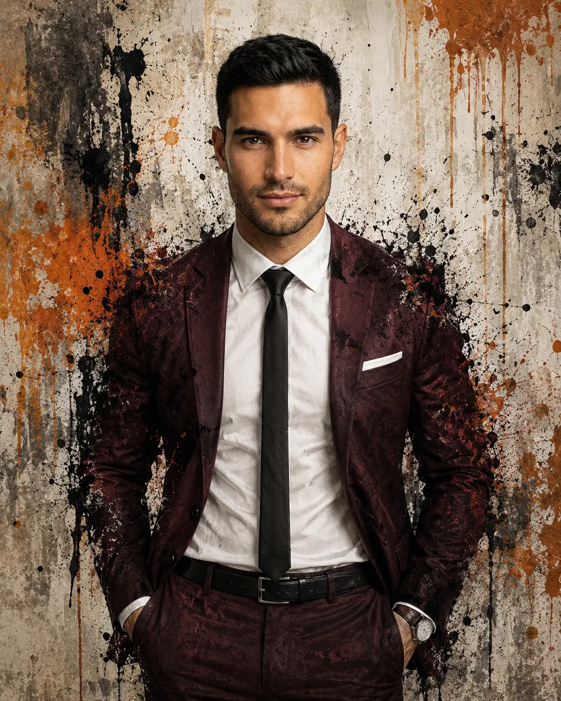 Mixed-Media Suit Portrait with Ink Splatter