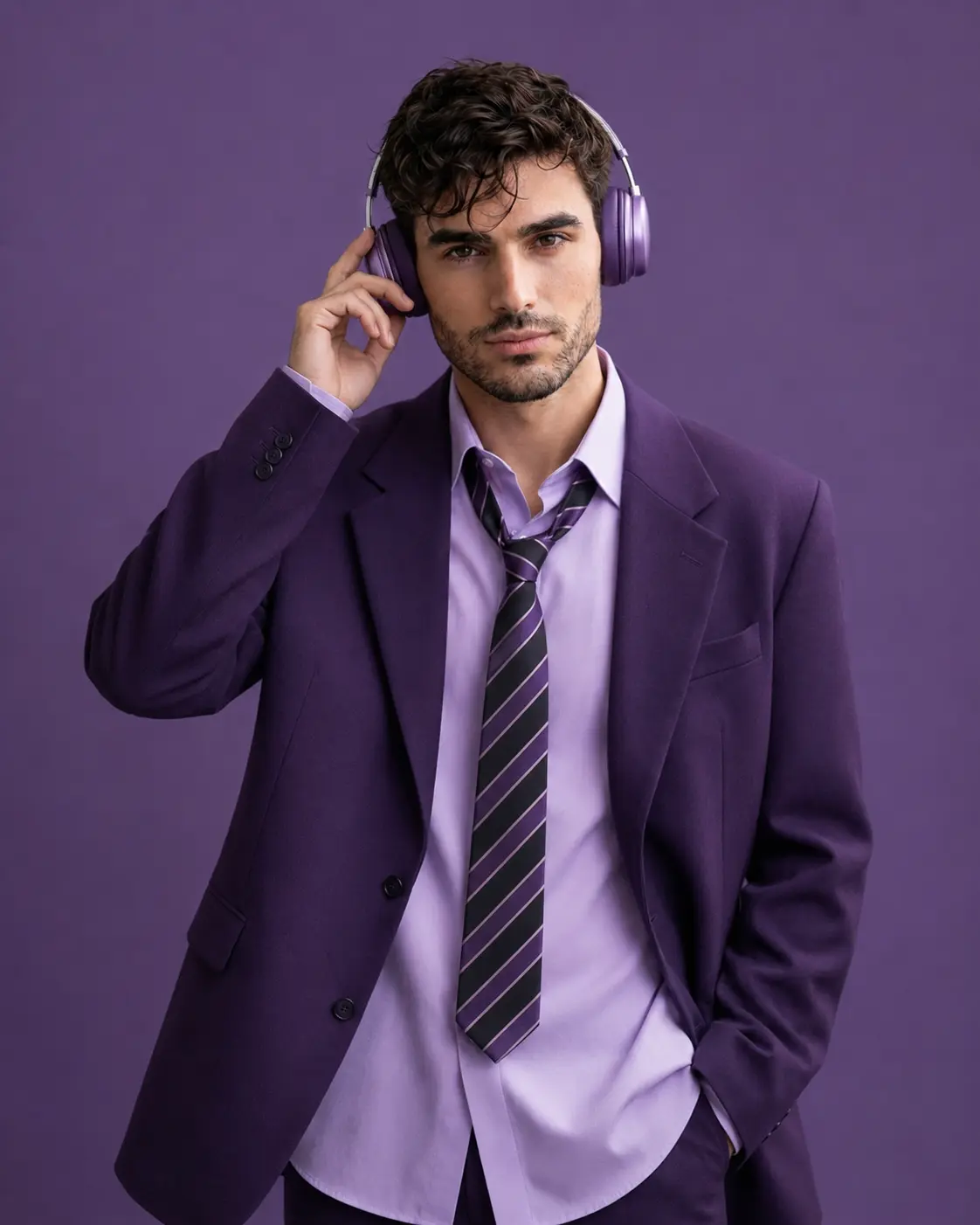 Monochrome Purple Editorial Portrait with Headphones