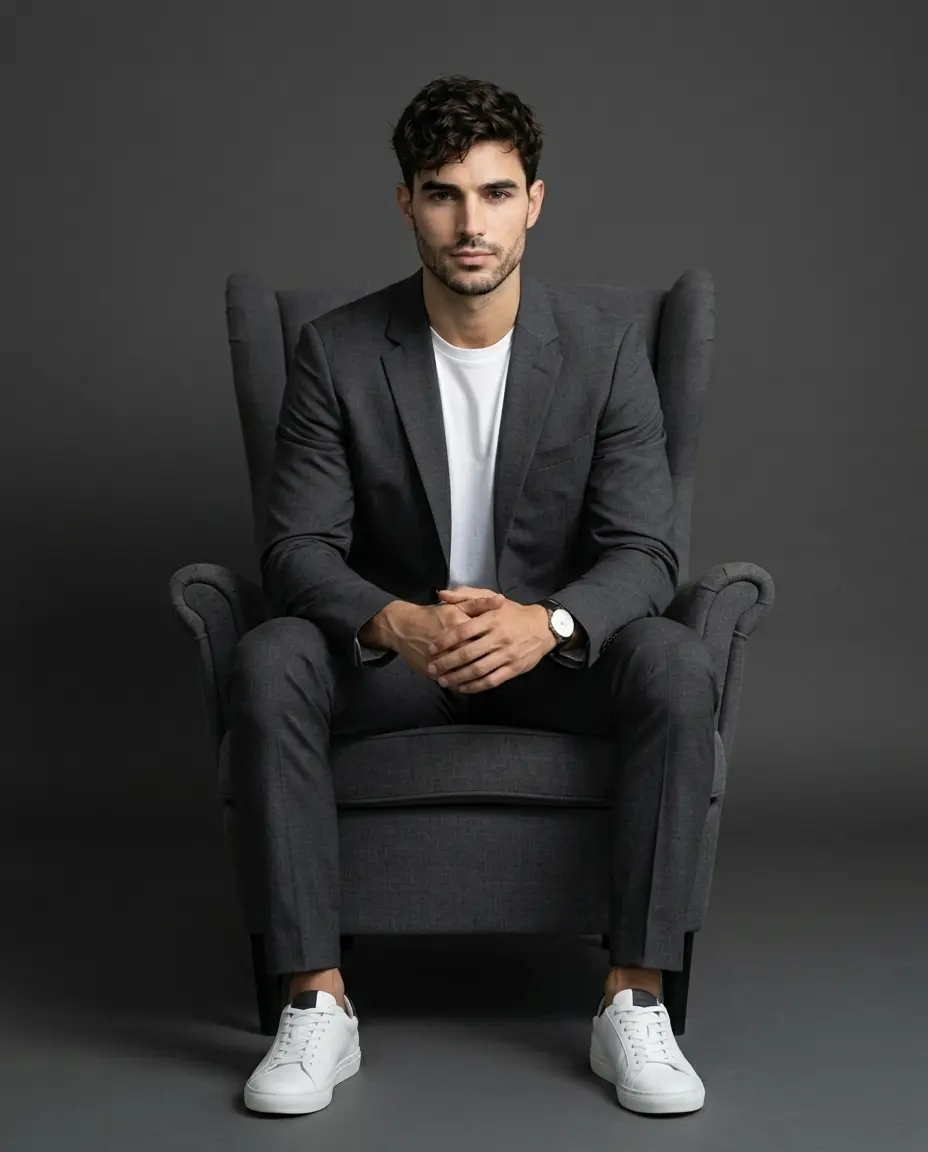 Monochrome Studio Armchair Portrait — Charcoal Edition