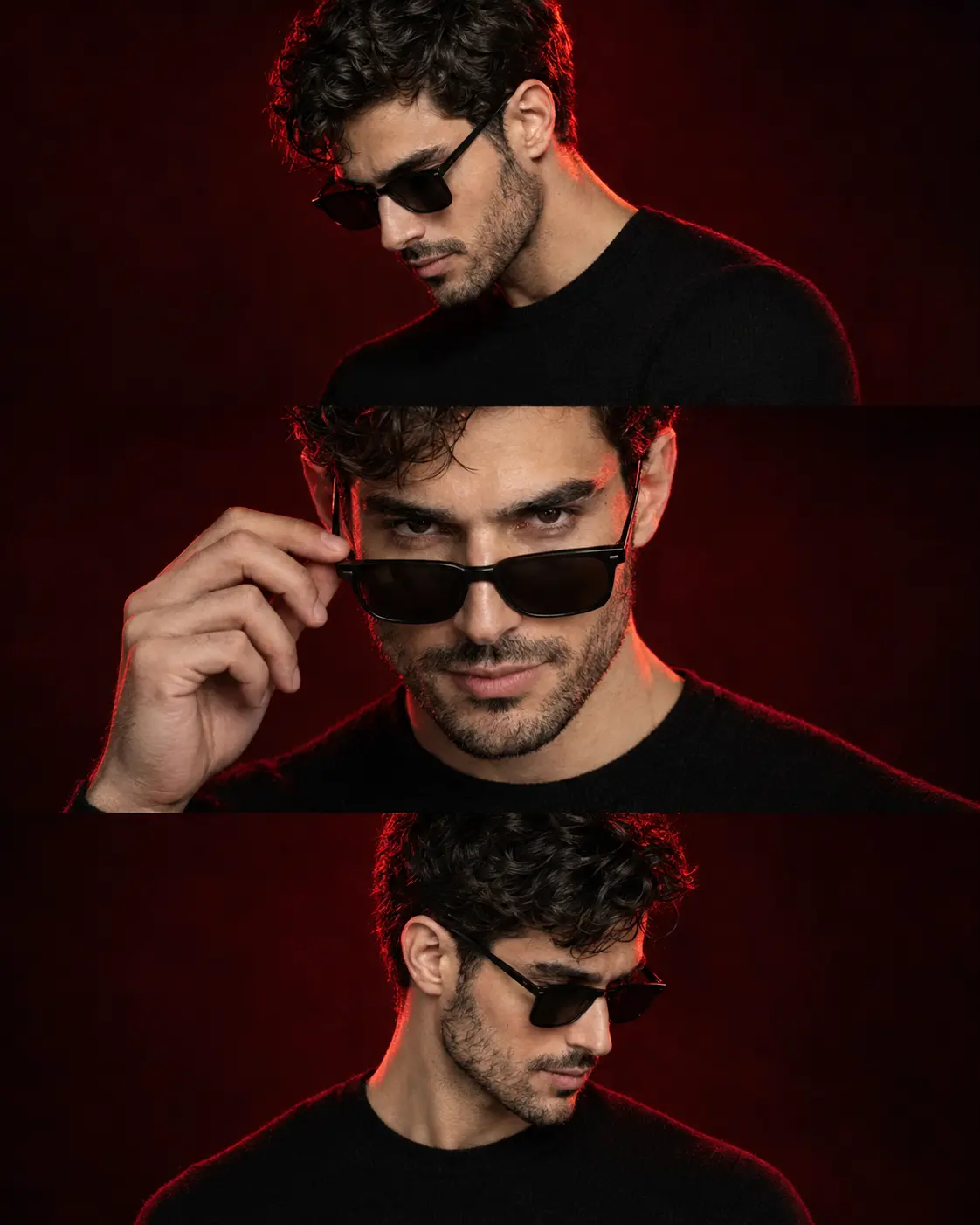 Red & Black Triptych Portrait with Sunglasses