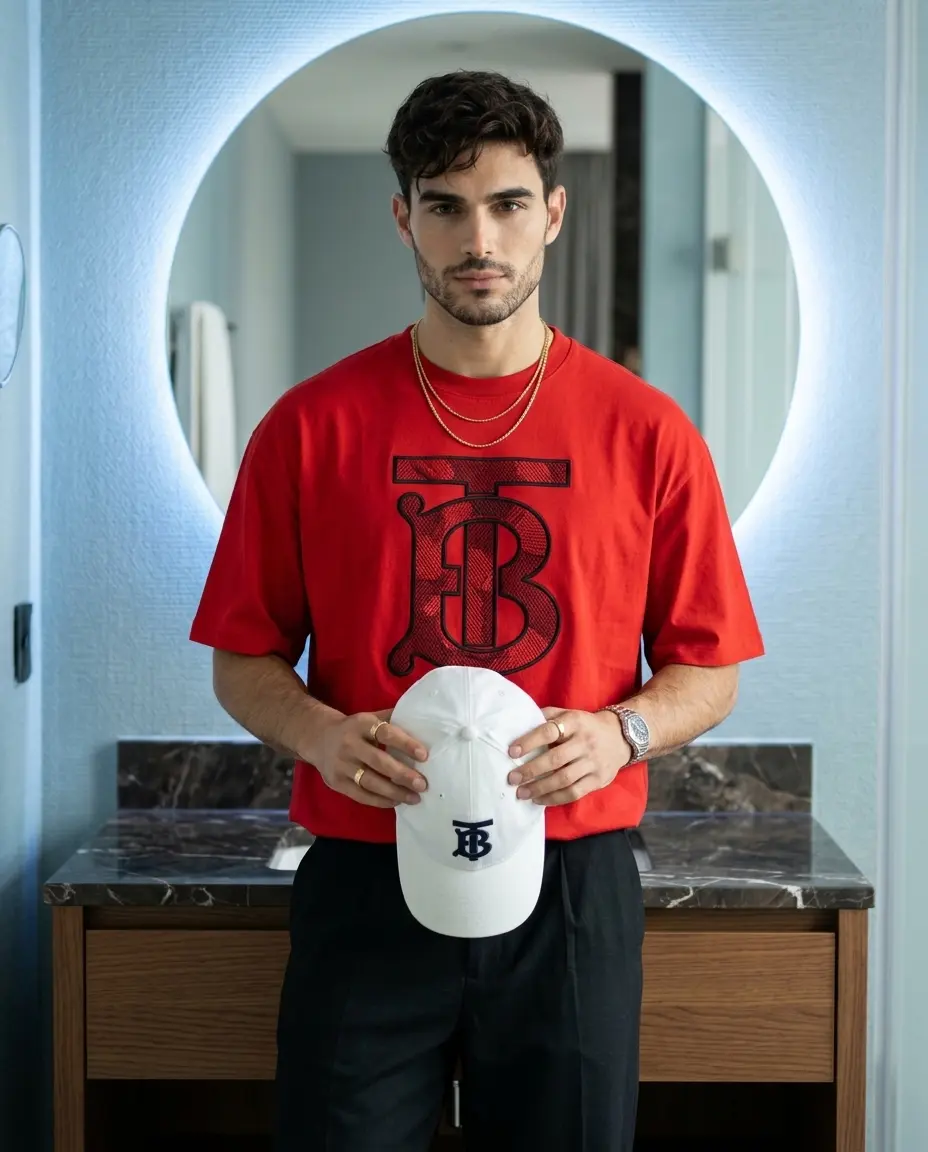 Red Designer Tee Luxury Bathroom Fashion Portrait