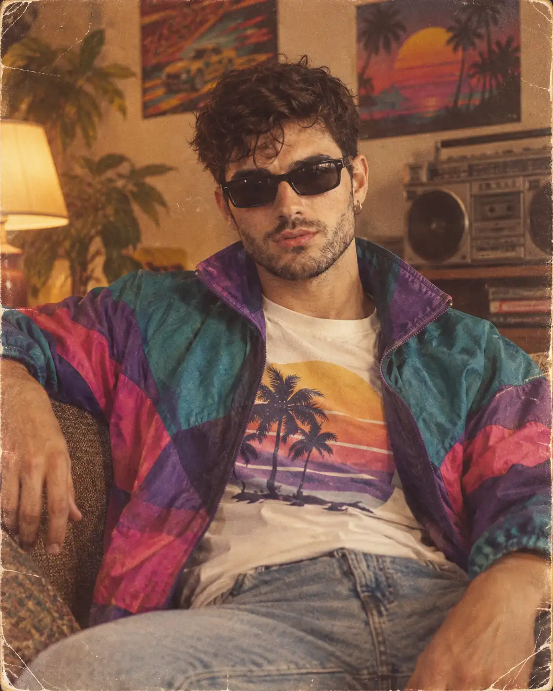 Retro 80s-90s Couch Portrait — Color-Block Windbreaker