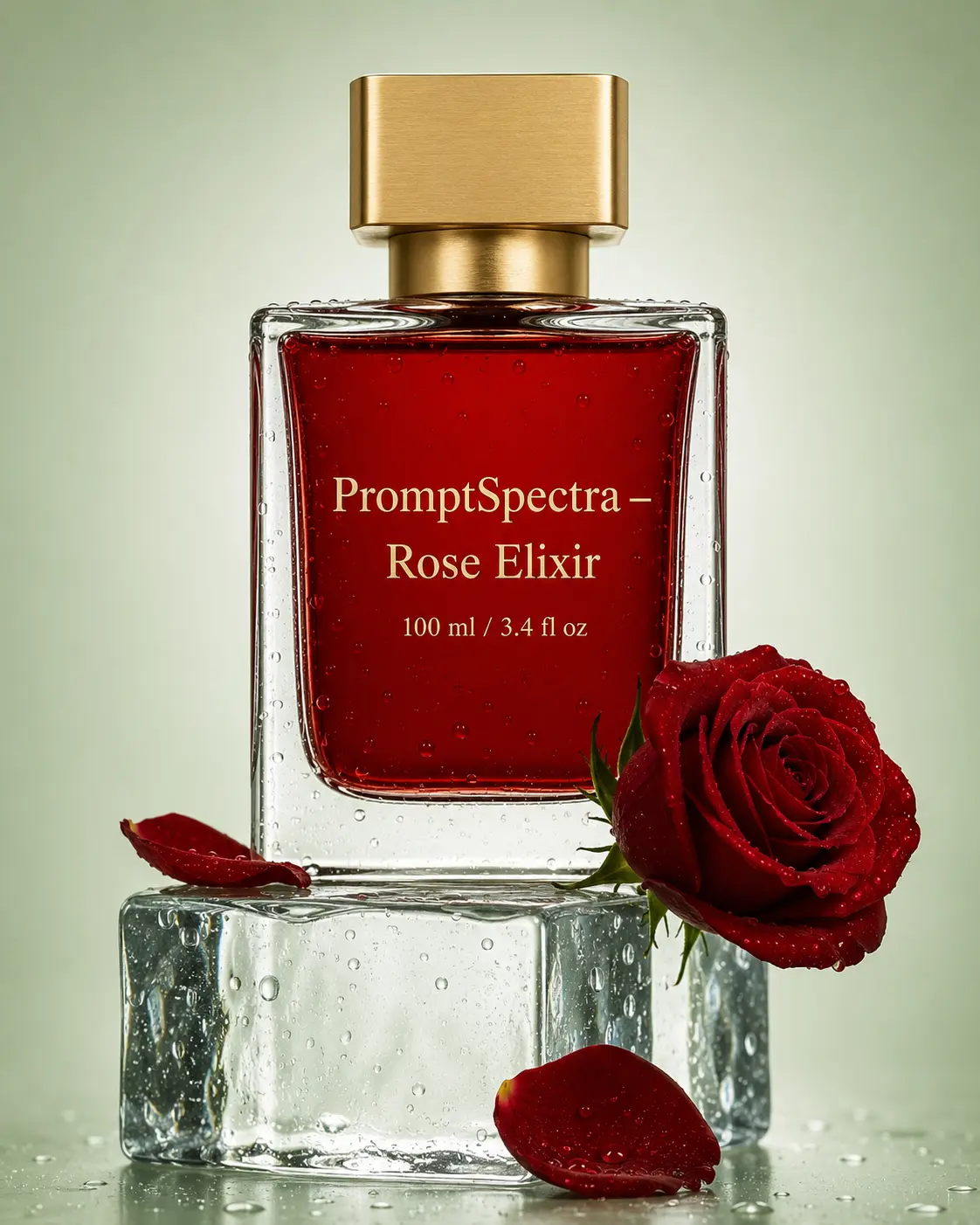 Rose Elixir Perfume Bottle on Ice Cube — Premium Product Shot