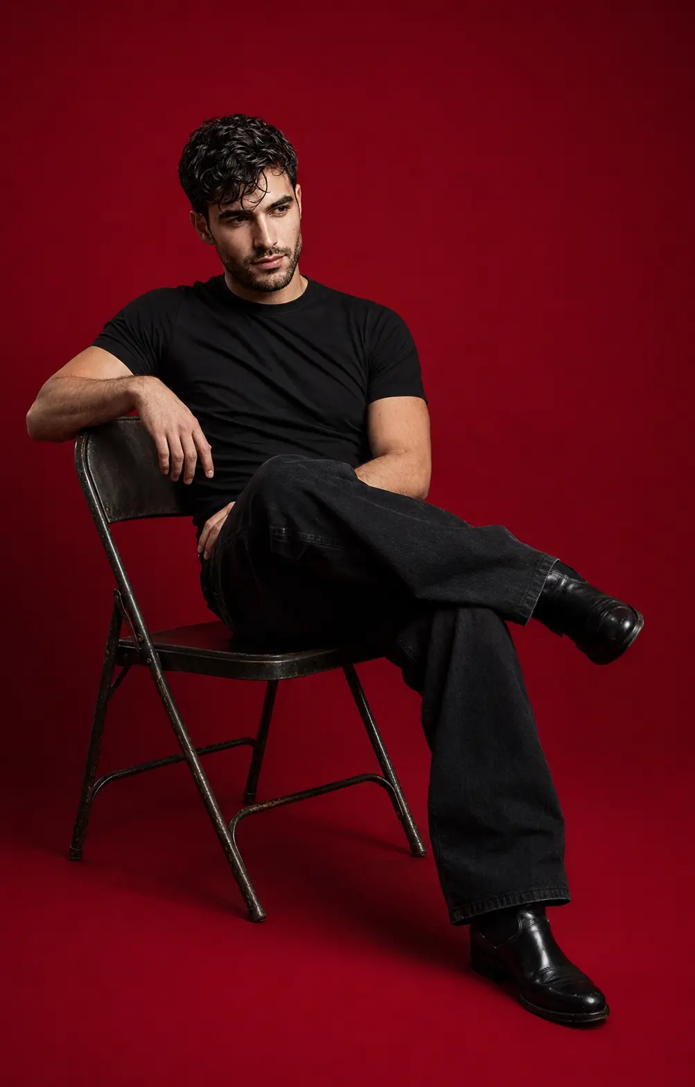 Royal Red Studio Editorial Portrait — Folding Chair Pose