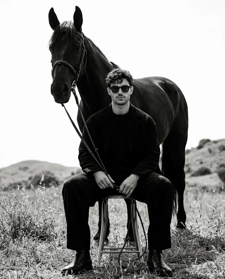 Seated Figure with Black Horse Editorial Portrait