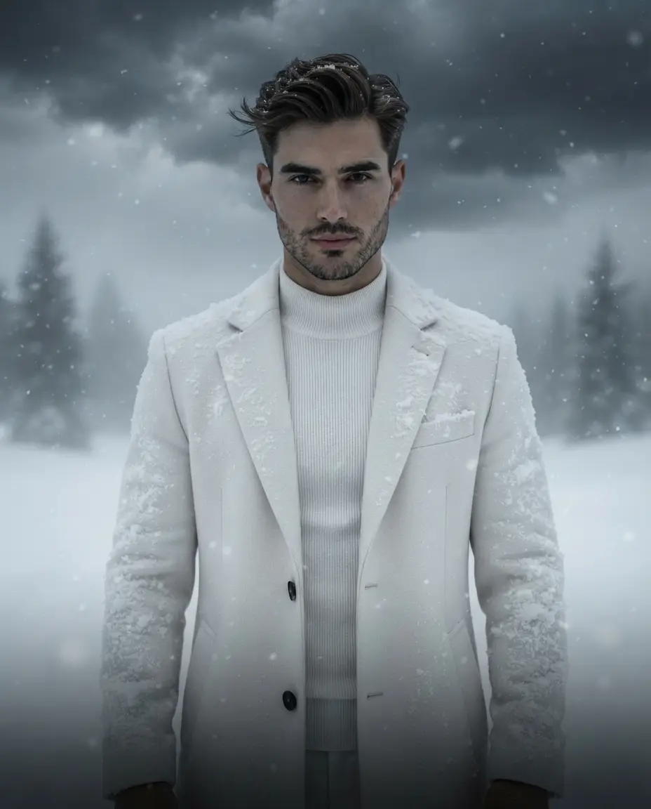 Snowy Whiteout Fashion Editorial Portrait