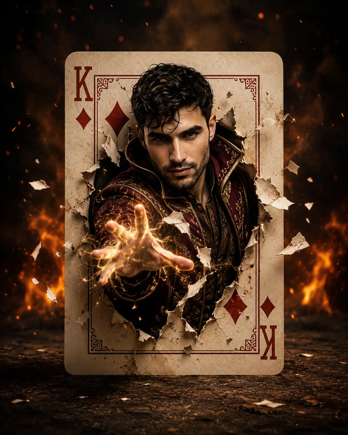 Sorcerer Bursting Through a Playing Card — Cinematic Movie Poster
