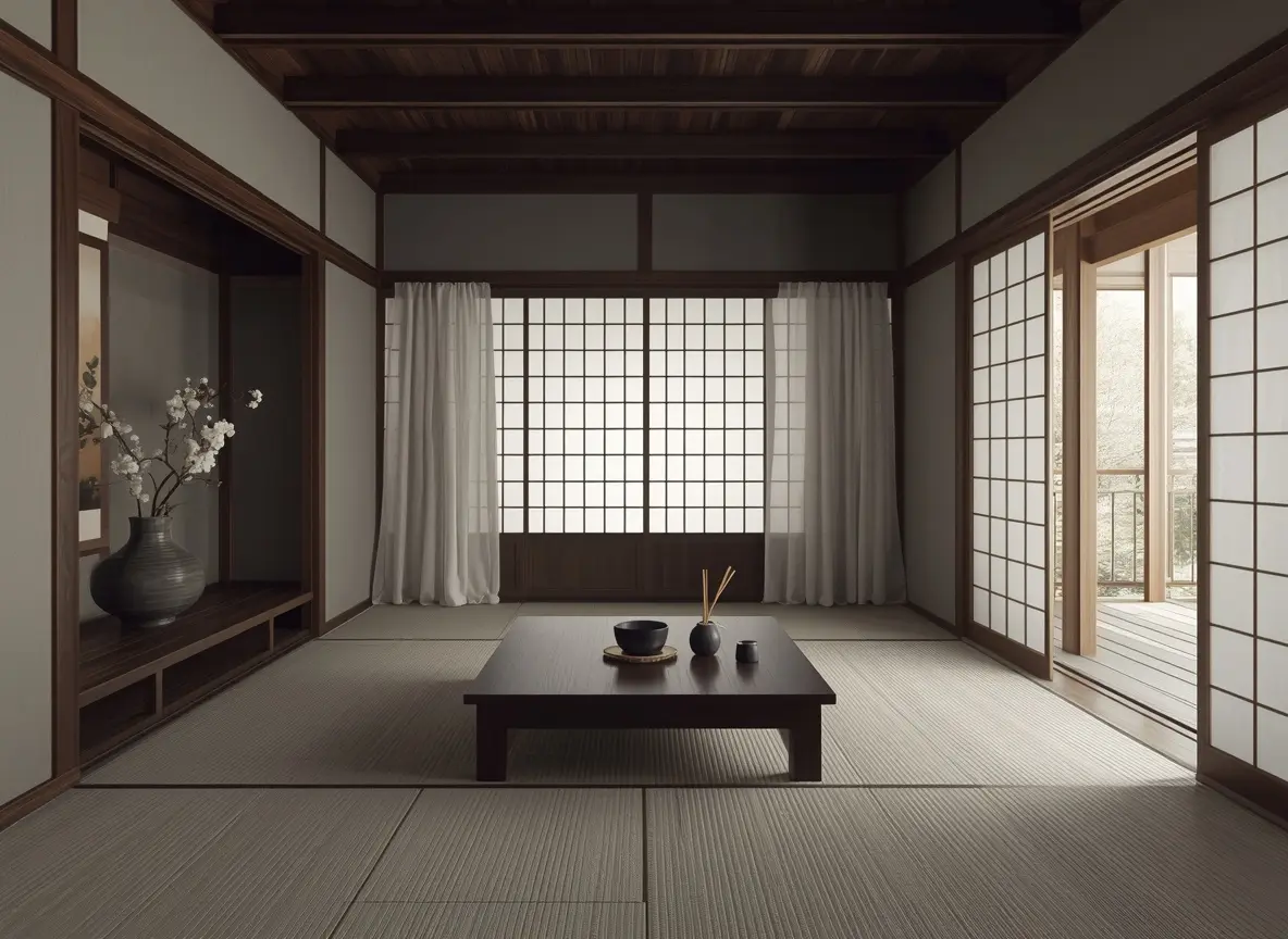 Symmetrical Japanese Tea Room — With Curtains