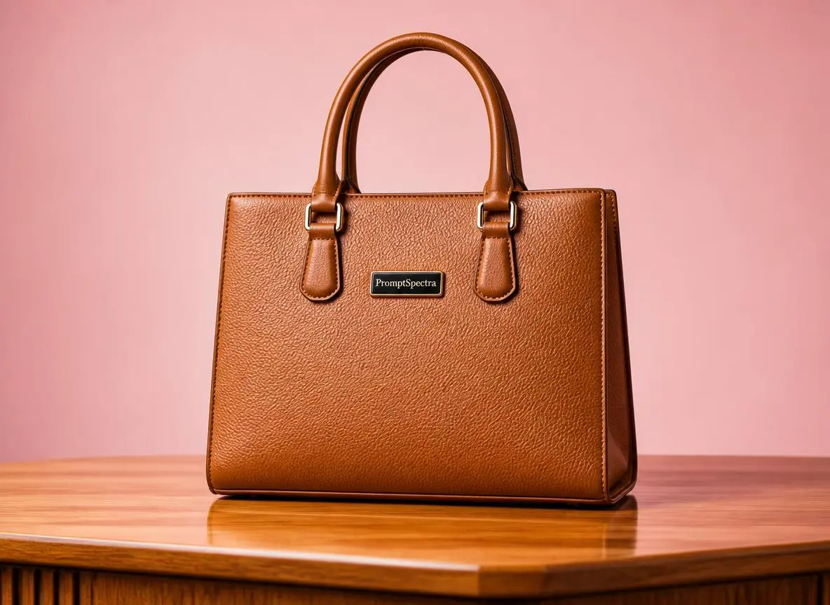 Tan Leather Handbag — Wooden Table Product Shot