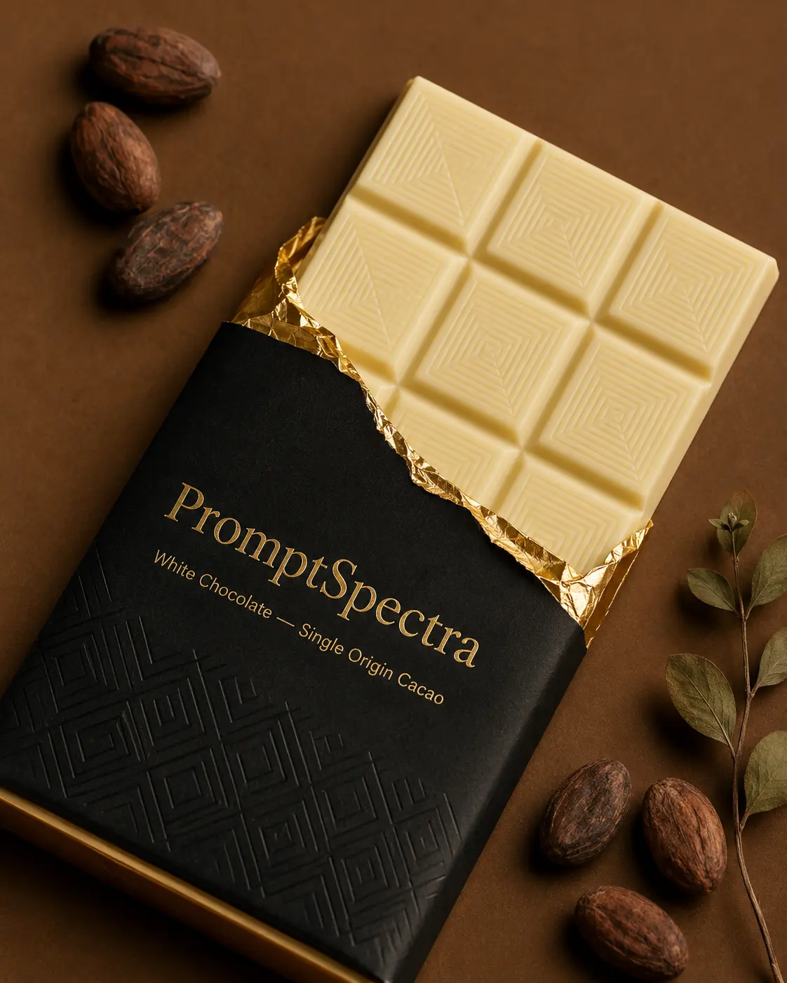 White Chocolate Bar — Gold Foil Wrapper Product Shot
